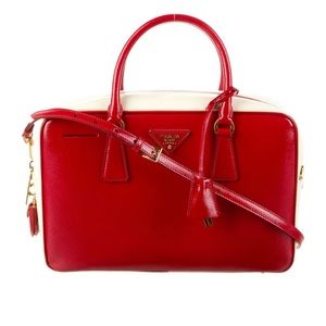 Prada, Red, Salffiano Vernice Bauletto Bag, medium sized.